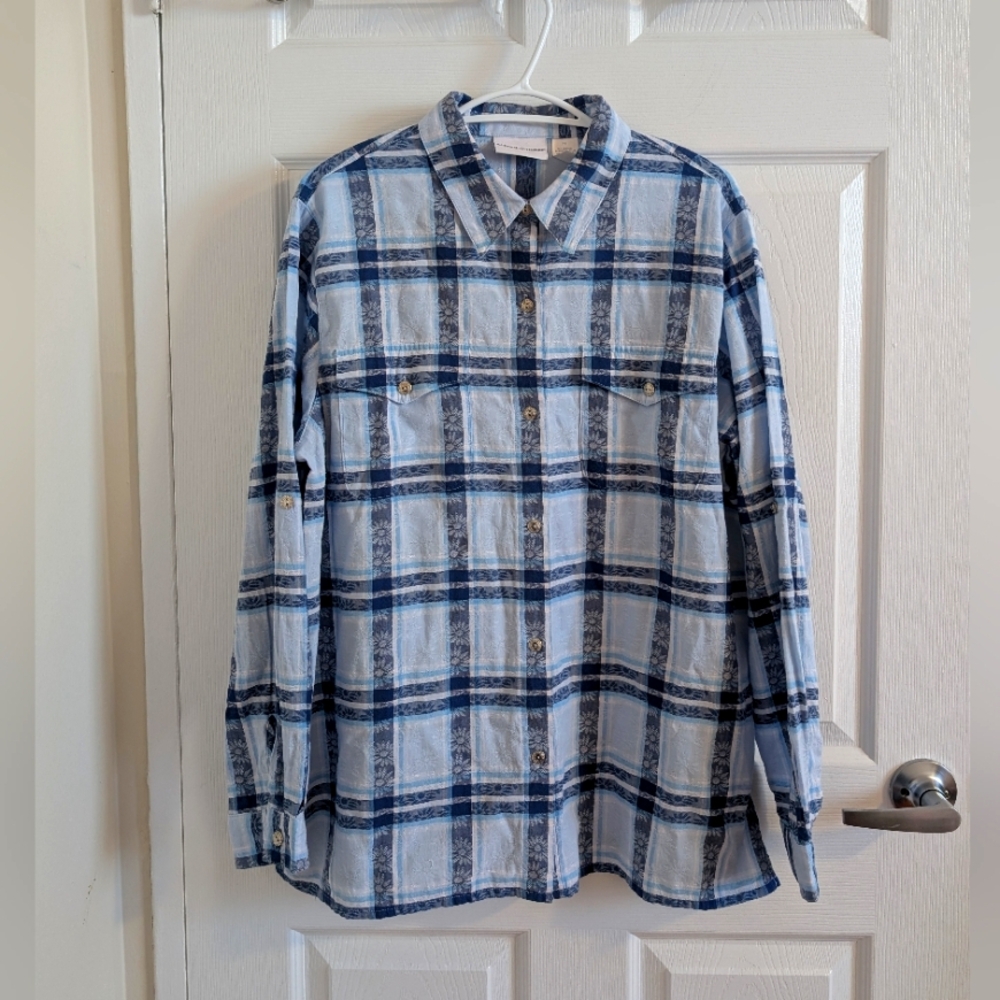 Alfred Dunner Floral Plaid Button Down Shirt Bleu Boho Retro Casual Floral 18